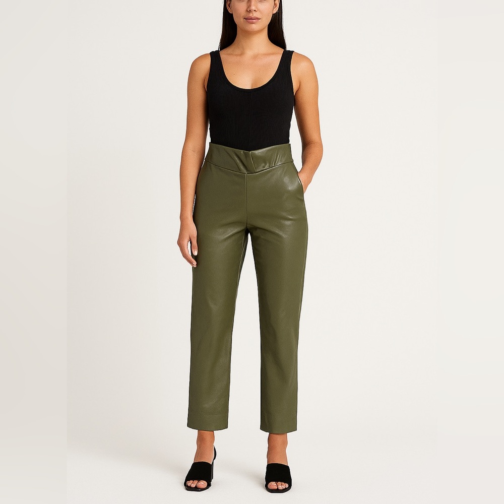 Alexis Kayden Faux Leather High-Waist Pants Olive Green Draped Waist